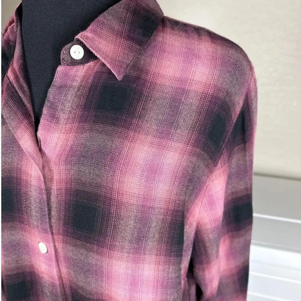 J.Jill Ombre Plaid Tiered Babydoll Button Up Tunic Top Long Sleeve Burgundy Sz M - Picture 4 of 15